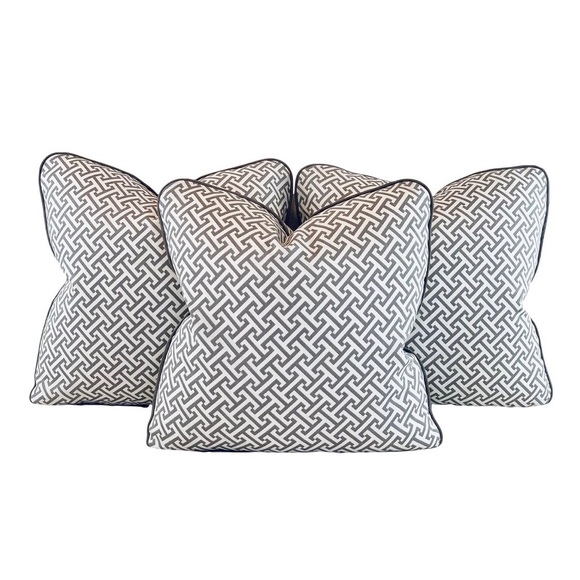 3 Pc Set P Kaufmann Indoor Outdoor Gray Ivory Fretwork Greek Key Pillow Covers - Picture 7 of 7